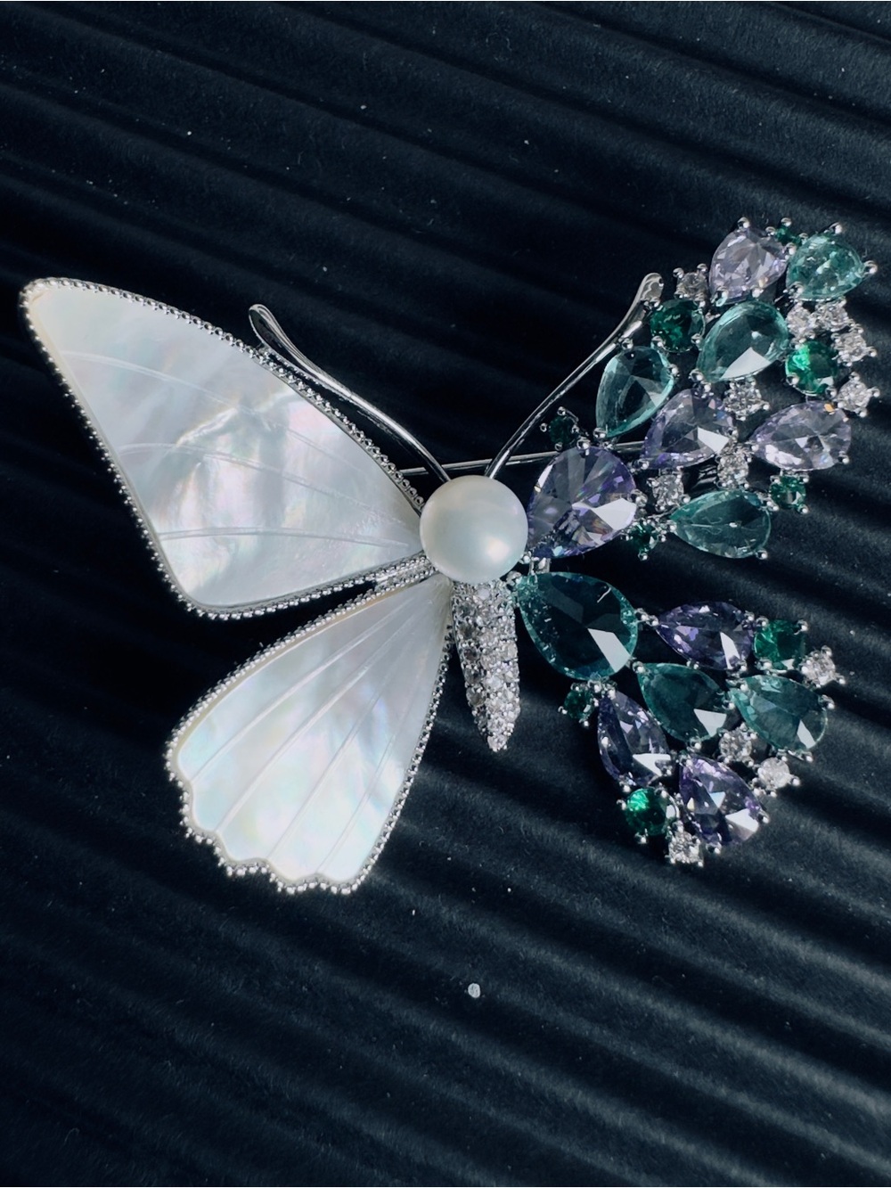 Butterfly Pearl & Crystal Brooch in White, Green & Purple